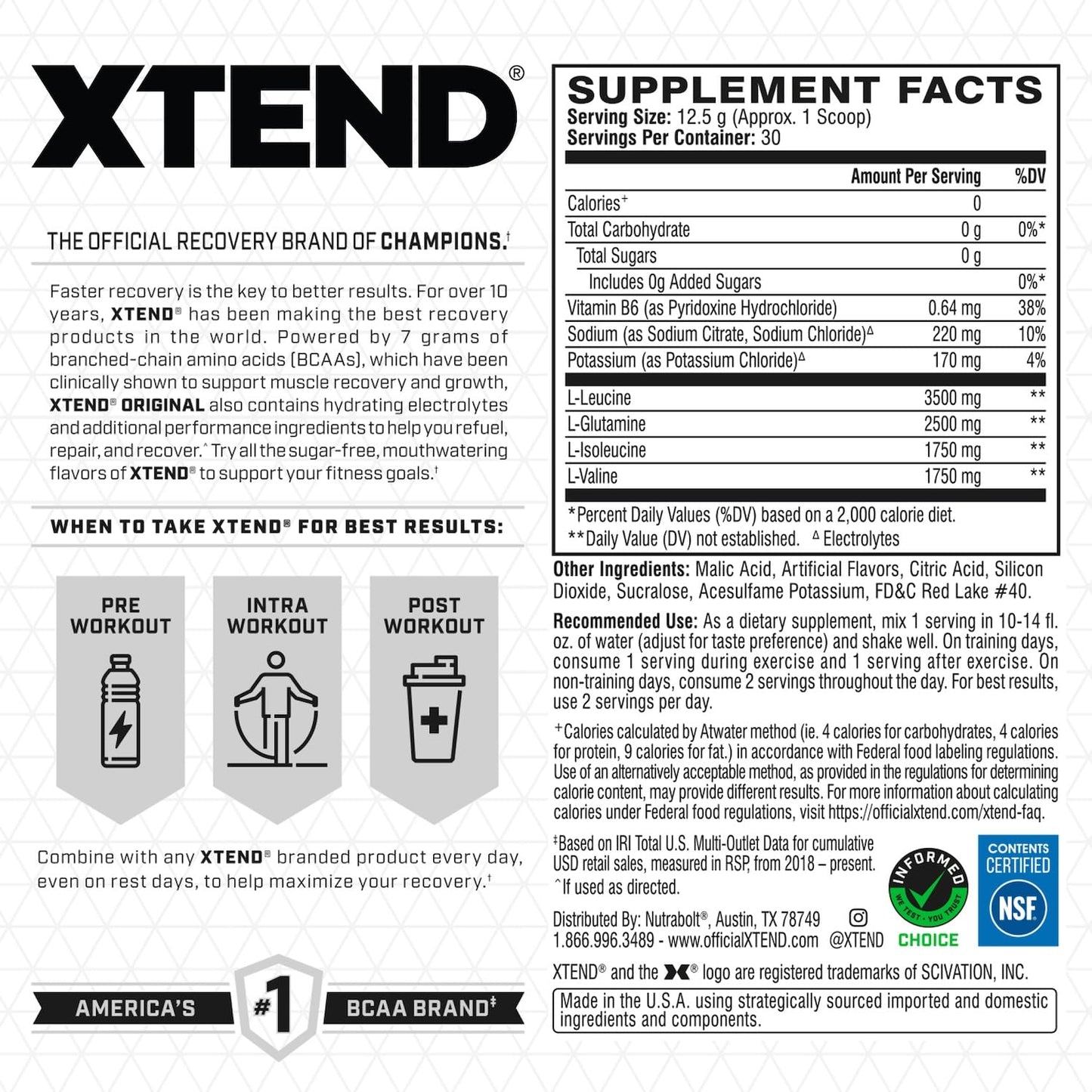 Scivation XTEND Original BCAA Powder 7g BCAA and 2.5g L-Glutamine| Sugar Free Post Workout Muscle Recovery Drink with Amino Acids for Men & Women