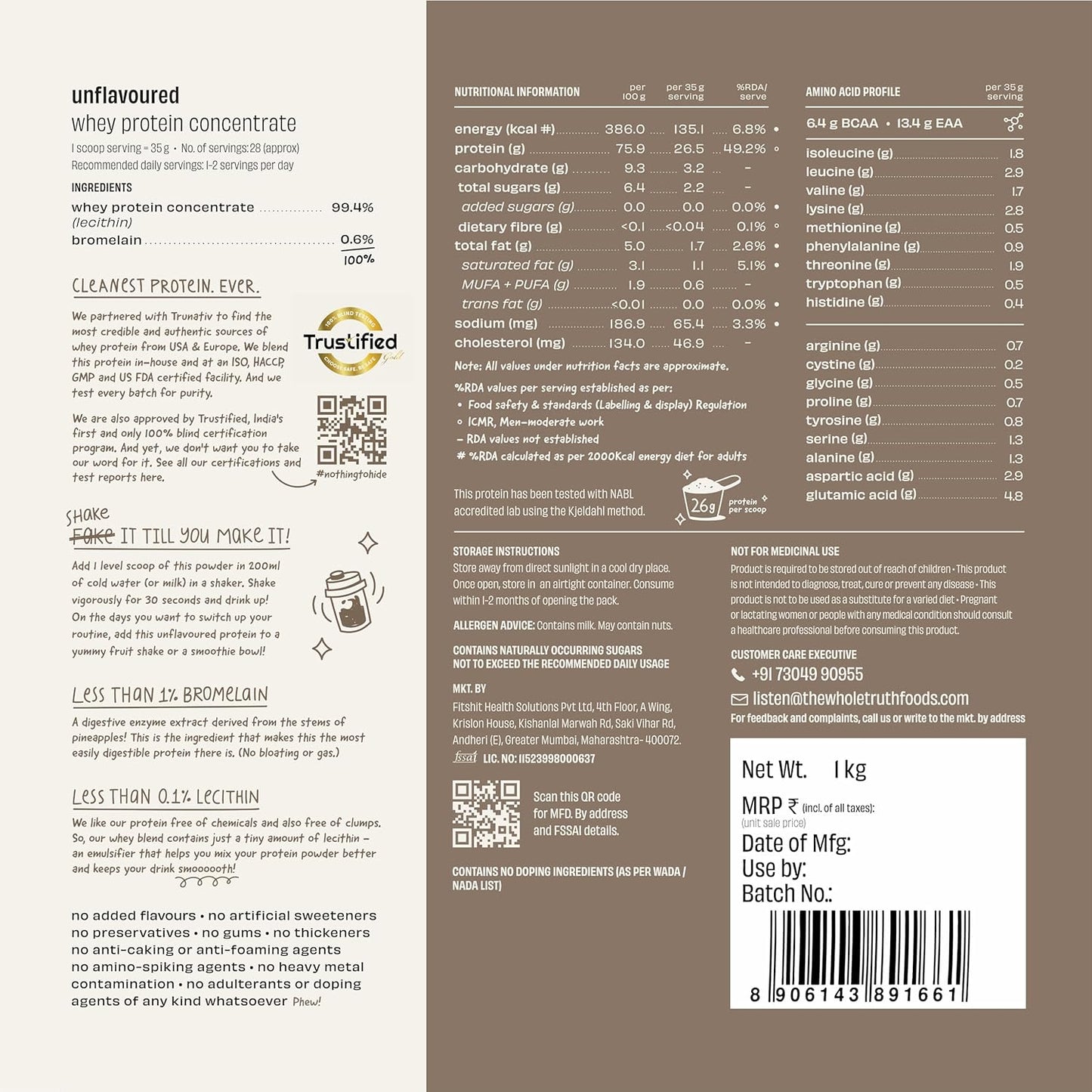 The Whole Truth Raw Whey Protein Concentrate | 26g Protein per scoop | 6.4g BCAA | No Adulteration | Clean and Light | Muscle Building | Vegetarian