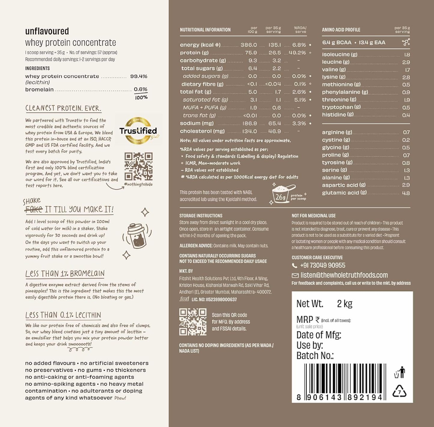 The Whole Truth Raw Whey Protein Concentrate | 26g Protein per scoop | 6.4g BCAA | No Adulteration | Clean and Light | Muscle Building | Vegetarian