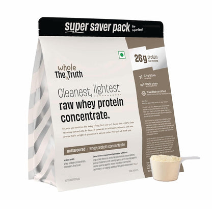 The Whole Truth Raw Whey Protein Concentrate | 26g Protein per scoop | 6.4g BCAA | No Adulteration | Clean and Light | Muscle Building | Vegetarian
