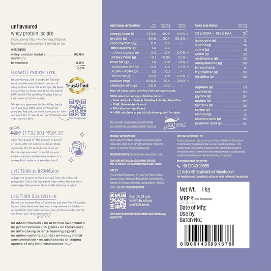 The Whole Truth Raw Whey Protein Isolate | 30g Protein per scoop | 7.3g BCAA | No Adulteration | Improved Strength| Faster Recovery & Muscle Building | Vegetarian