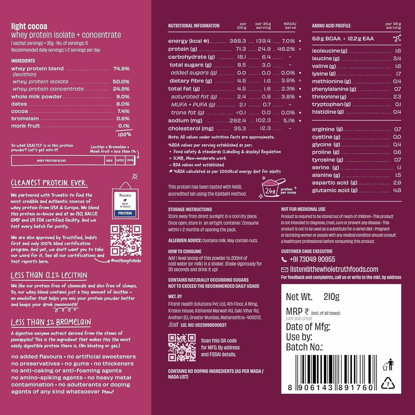 The Whole Truth Whey Protein Isolate+Concentrate | 24g Protein per sachet | 6.4g BCAA | No Adulteration | Clean, Light & Easy to Digest | Sample & Travel Pack
