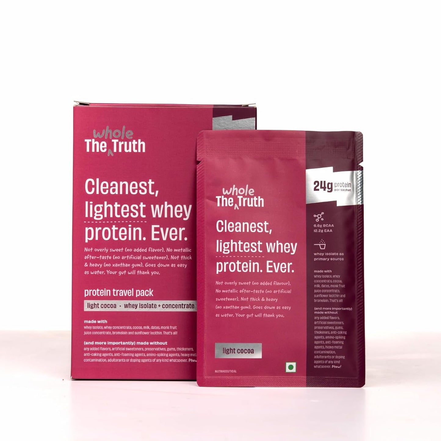 The Whole Truth Whey Protein Isolate+Concentrate | 24g Protein per sachet | 6.4g BCAA | No Adulteration | Clean, Light & Easy to Digest | Sample & Travel Pack