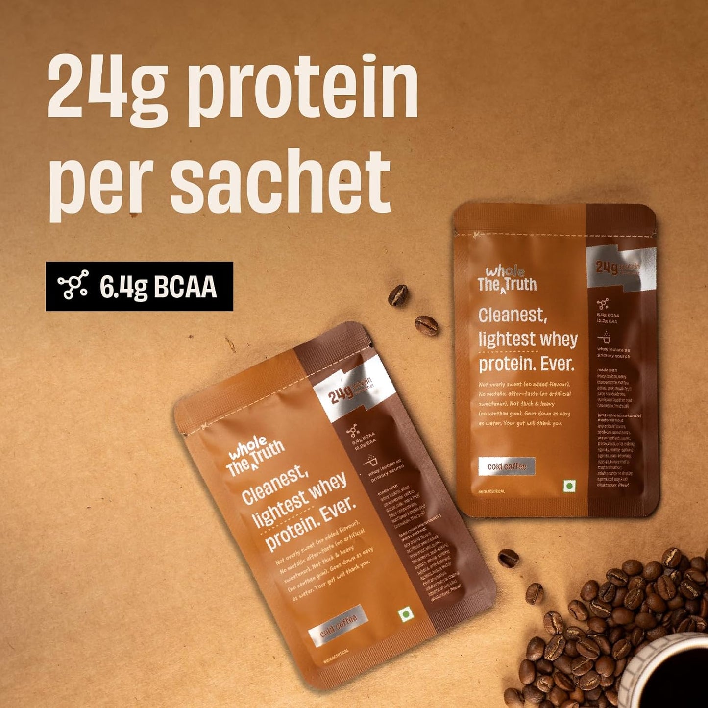 The Whole Truth Whey Protein Isolate+Concentrate | 24g Protein per sachet | 6.4g BCAA | No Adulteration | Clean, Light & Easy to Digest | Sample & Travel Pack