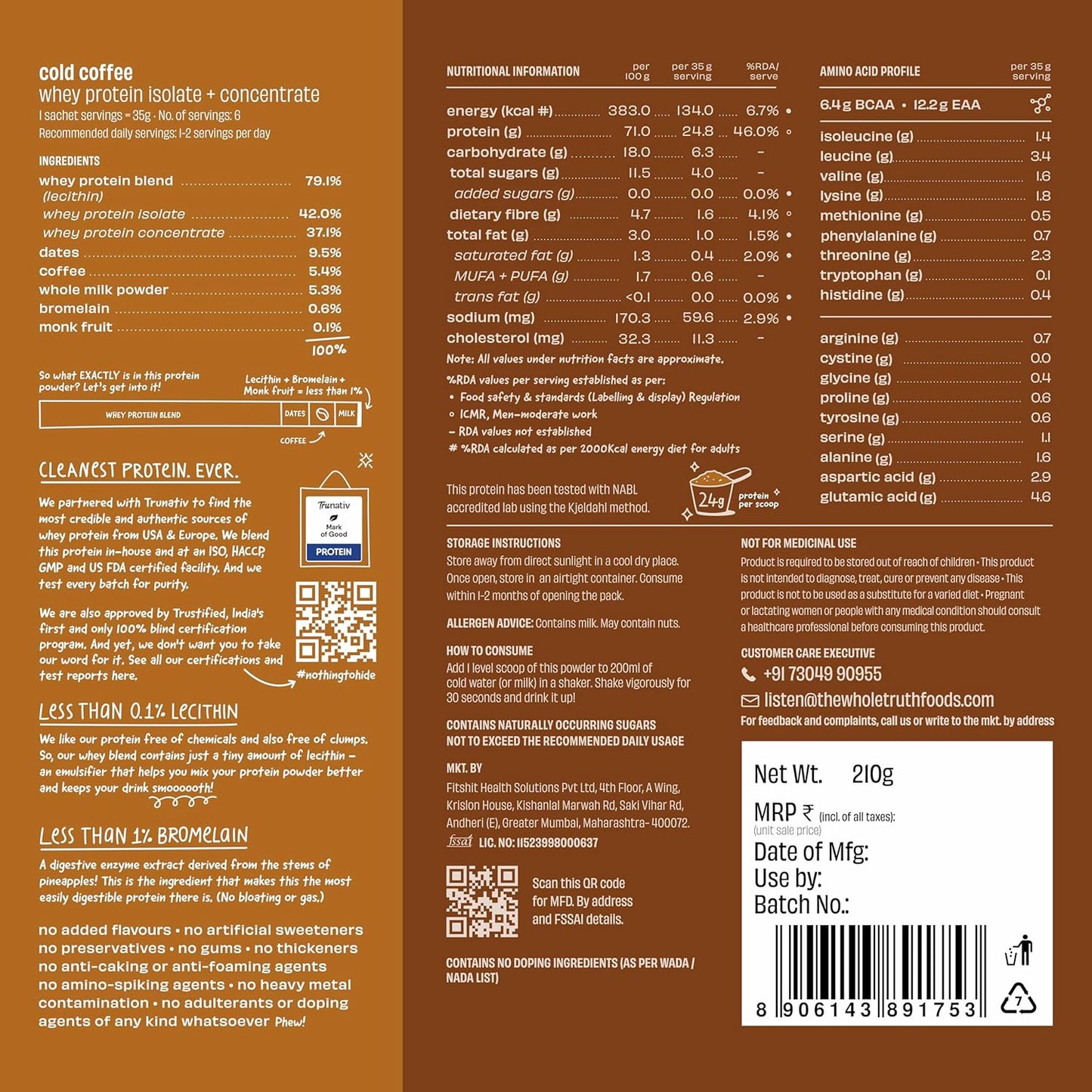 The Whole Truth Whey Protein Isolate+Concentrate | 24g Protein per sachet | 6.4g BCAA | No Adulteration | Clean, Light & Easy to Digest | Sample & Travel Pack