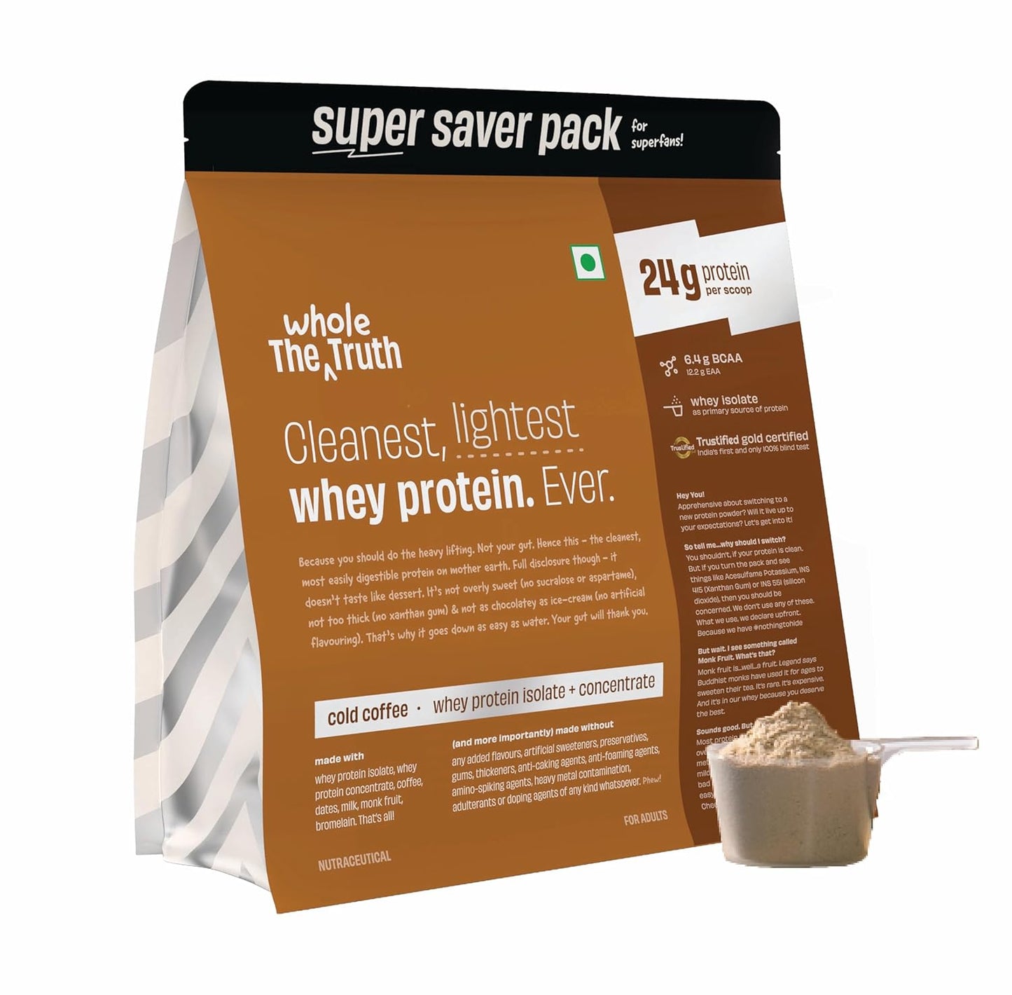The Whole Truth Whey Protein Isolate+Concentrate | 24g Protein/Scoop| 4.7g BCAA | 100% Authentic Whey | No Artificial Flavors