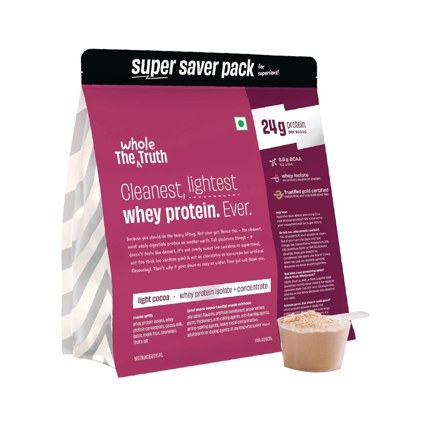 The Whole Truth Whey Protein Isolate+Concentrate | 24g Protein/Scoop| 4.7g BCAA | 100% Authentic Whey | No Artificial Flavors