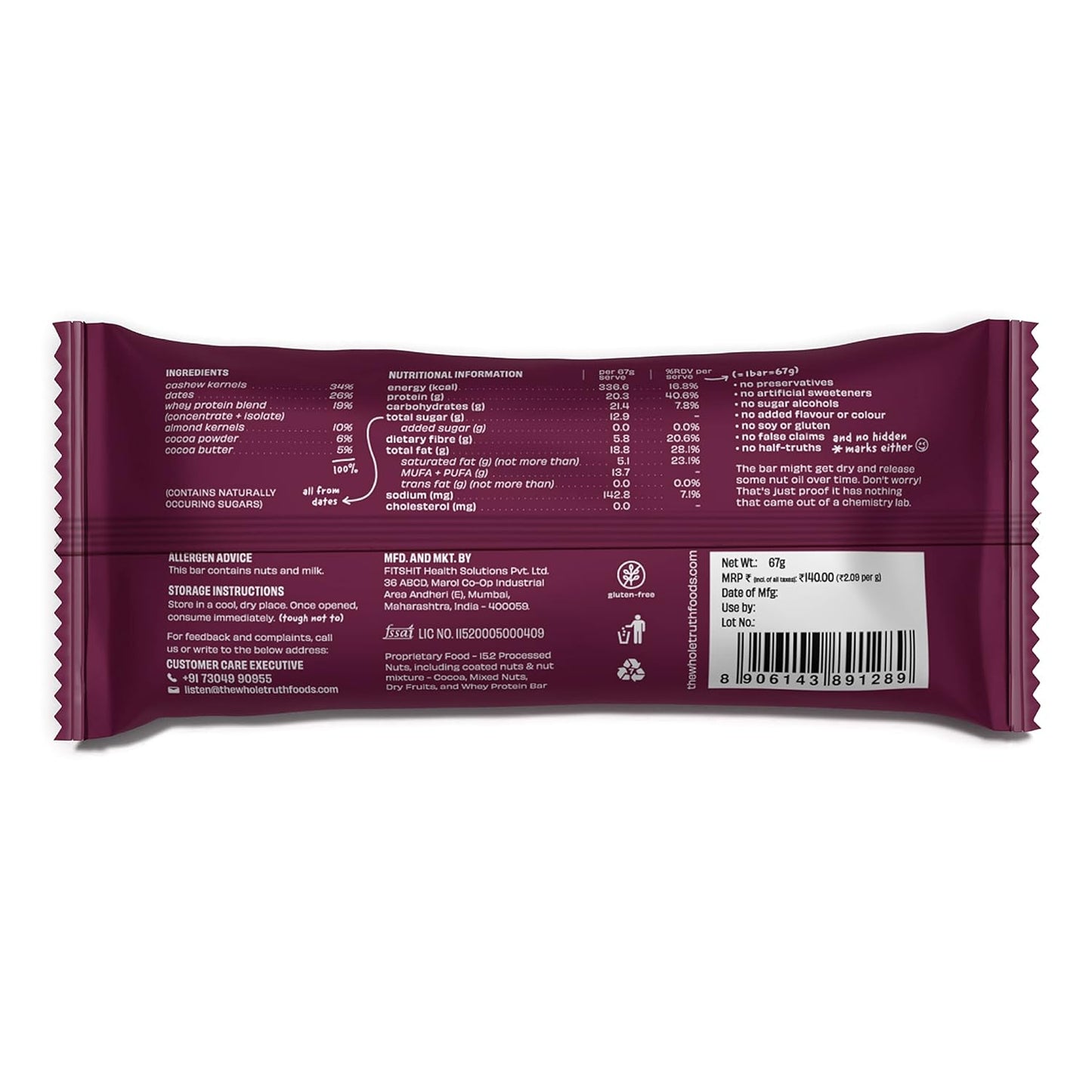 The Whole Truth | High Protein 20g Protein Bar |No Added Sugar | No Preservatives | No Artificial Flavours | All Natural