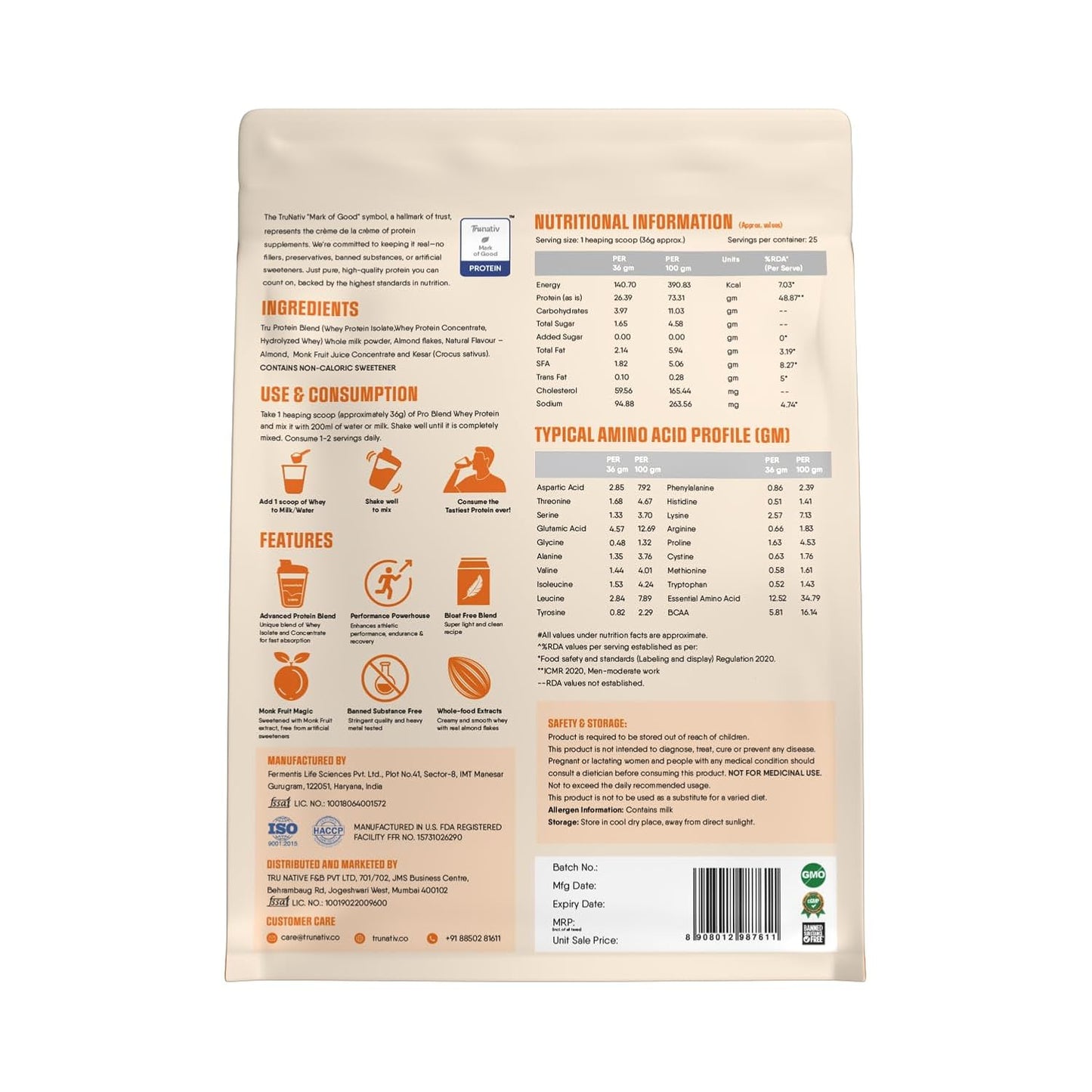 TruNativ Whey Protein Concentrate & Isolate Pro Blend | 26g Protein & 6g BCAA | Light and Clean Whey Protein Powder Blend | No Added Sugar | Higher Protein Absorption | 907g