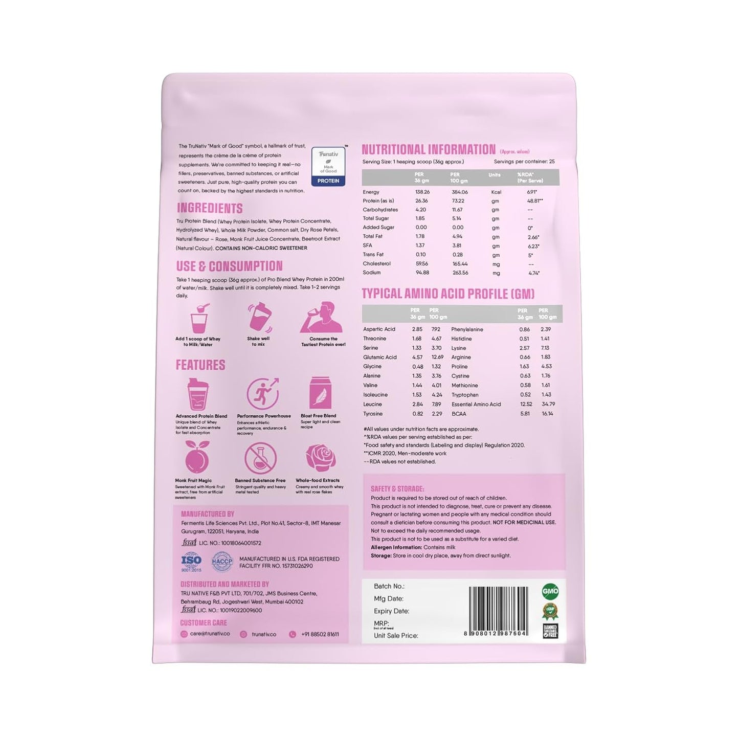 TruNativ Whey Protein Concentrate & Isolate Pro Blend | 26g Protein & 6g BCAA | Light and Clean Whey Protein Powder Blend | No Added Sugar | Higher Protein Absorption | 907g