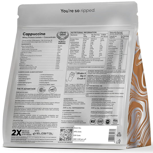 Wellbeing Nutrition Clean Whey Protein Isolate & Concentrate| Clinically Proven Velositol 2x Muscle Protein Synthesis| 4B CFU Probiotics & Digestive Enzymes| Easy to Digest