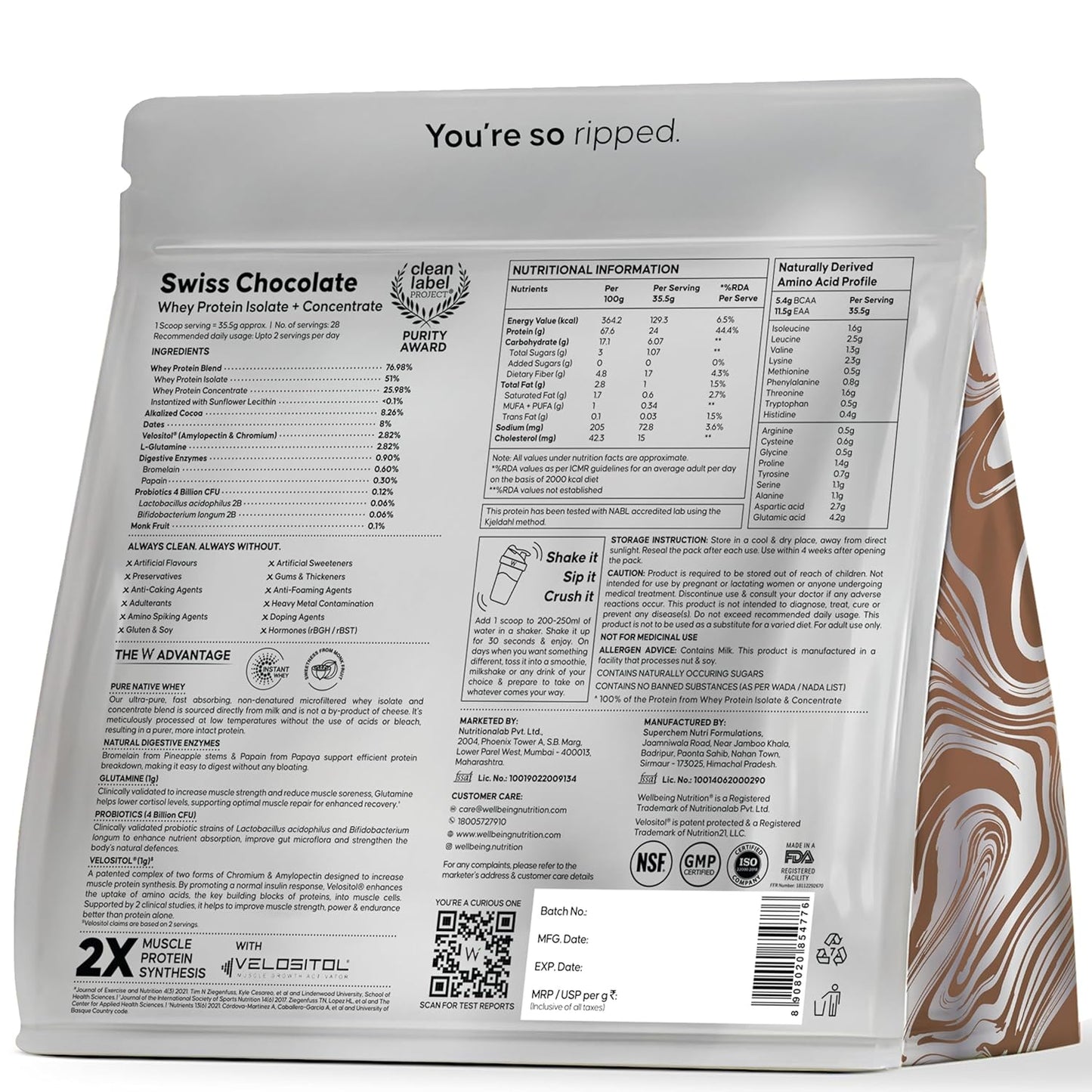 Wellbeing Nutrition Clean Whey Protein Isolate & Concentrate| Clinically Proven Velositol 2x Muscle Protein Synthesis| 4B CFU Probiotics & Digestive Enzymes| Easy to Digest