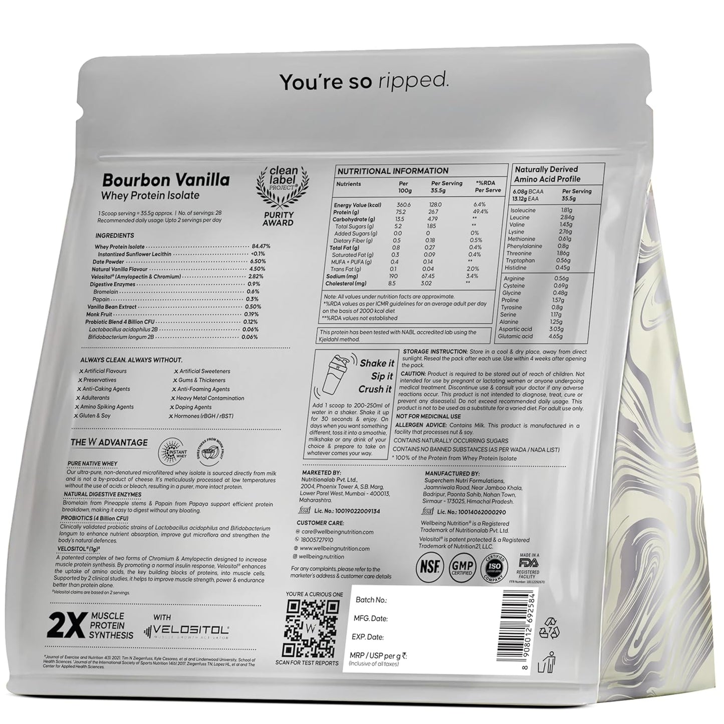 Wellbeing Nutrition Clean Whey Protein Isolate | 26g Protein| Clinically Proven Velositol for 2x Muscle Protein Synthesis| 4B CFU Probiotics| Digestive Enzymes| Bloat Free|Easy to Digest