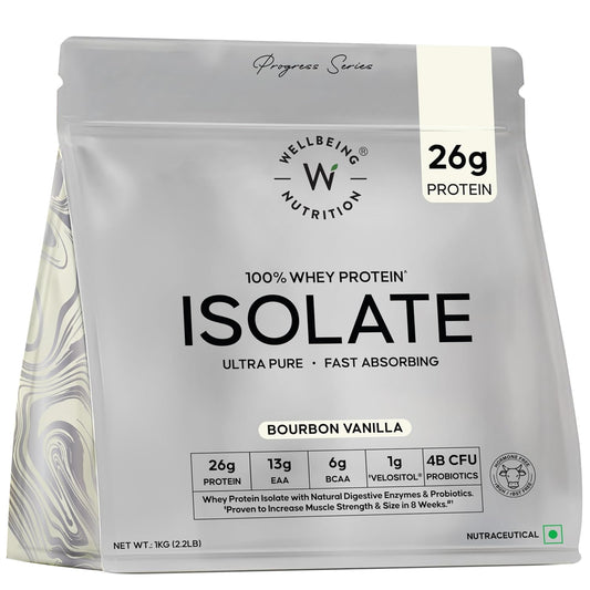 Wellbeing Nutrition Clean Whey Protein Isolate | 26g Protein| Clinically Proven Velositol for 2x Muscle Protein Synthesis| 4B CFU Probiotics| Digestive Enzymes| Bloat Free|Easy to Digest