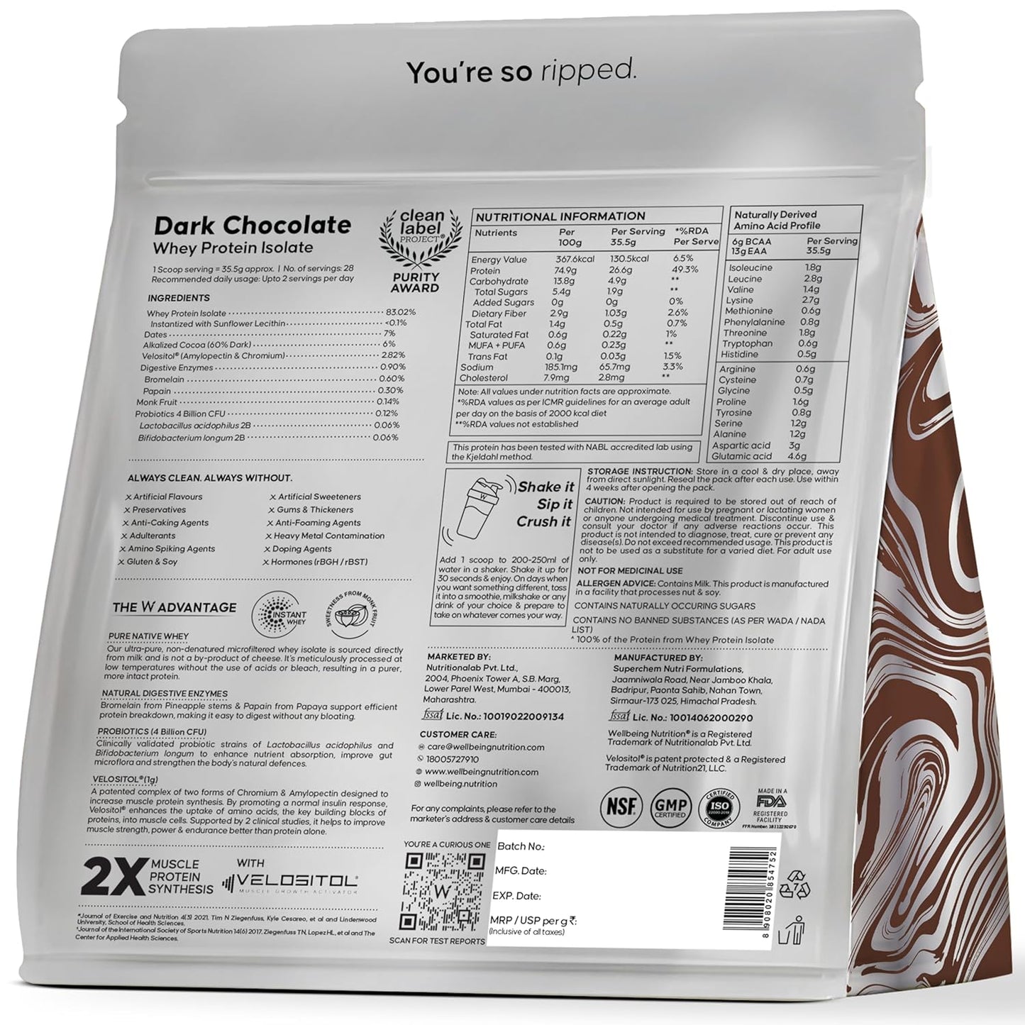 Wellbeing Nutrition Clean Whey Protein Isolate | 26g Protein| Clinically Proven Velositol for 2x Muscle Protein Synthesis| 4B CFU Probiotics| Digestive Enzymes| Bloat Free|Easy to Digest