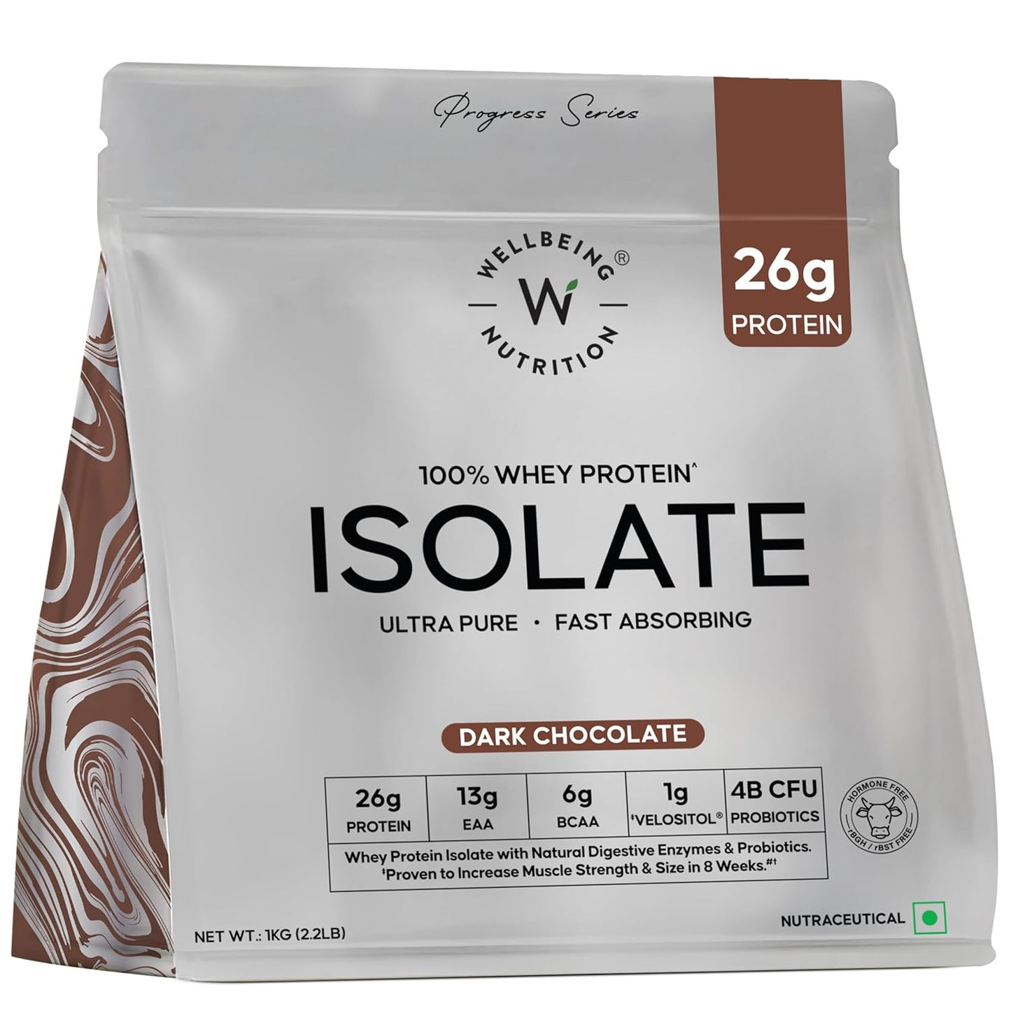 Wellbeing Nutrition Clean Whey Protein Isolate | 26g Protein| Clinically Proven Velositol for 2x Muscle Protein Synthesis| 4B CFU Probiotics| Digestive Enzymes| Bloat Free|Easy to Digest