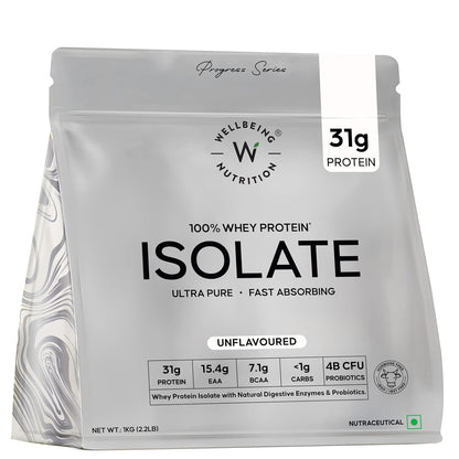 Wellbeing Nutrition Clean Whey Protein Isolate | 26g Protein| Clinically Proven Velositol for 2x Muscle Protein Synthesis| 4B CFU Probiotics| Digestive Enzymes| Bloat Free|Easy to Digest
