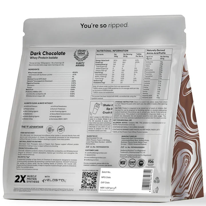 Wellbeing Nutrition Clean Whey Protein Isolate | 26g Protein| Clinically Proven Velositol for 2x Muscle Protein Synthesis| 4B CFU Probiotics| Digestive Enzymes| Bloat Free|Easy to Digest