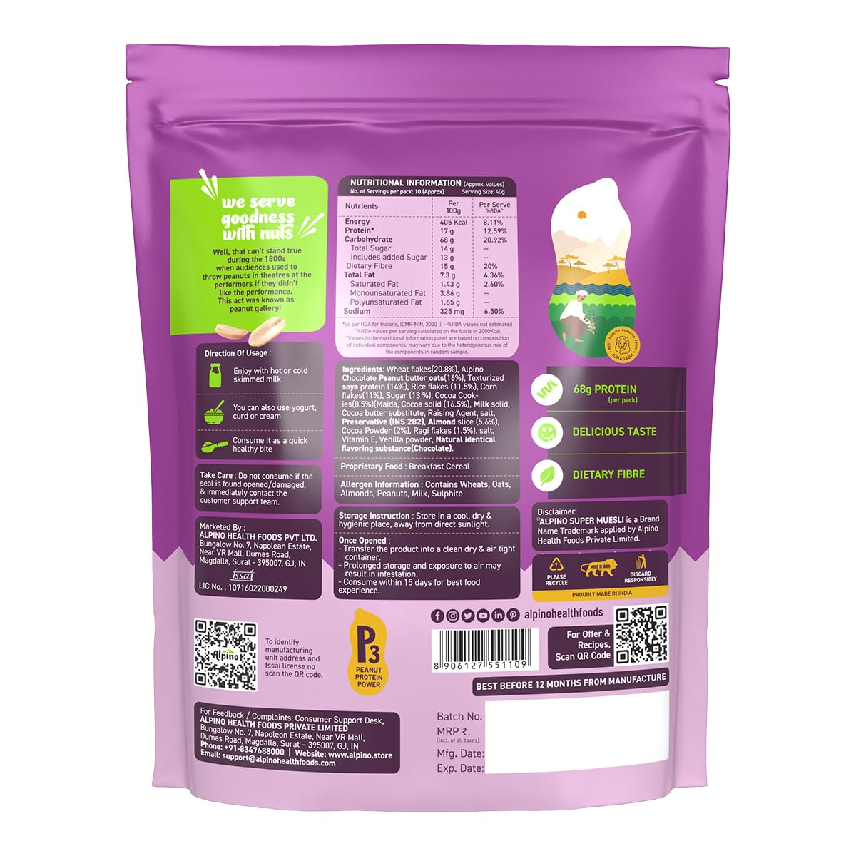 ALPINO Protein-Rich Super Muesli Chocolate | 61% Whole Grains| 14% Nuts & Cookies | 17% Protein| Source of Dietary Fibre & Healthy Fats