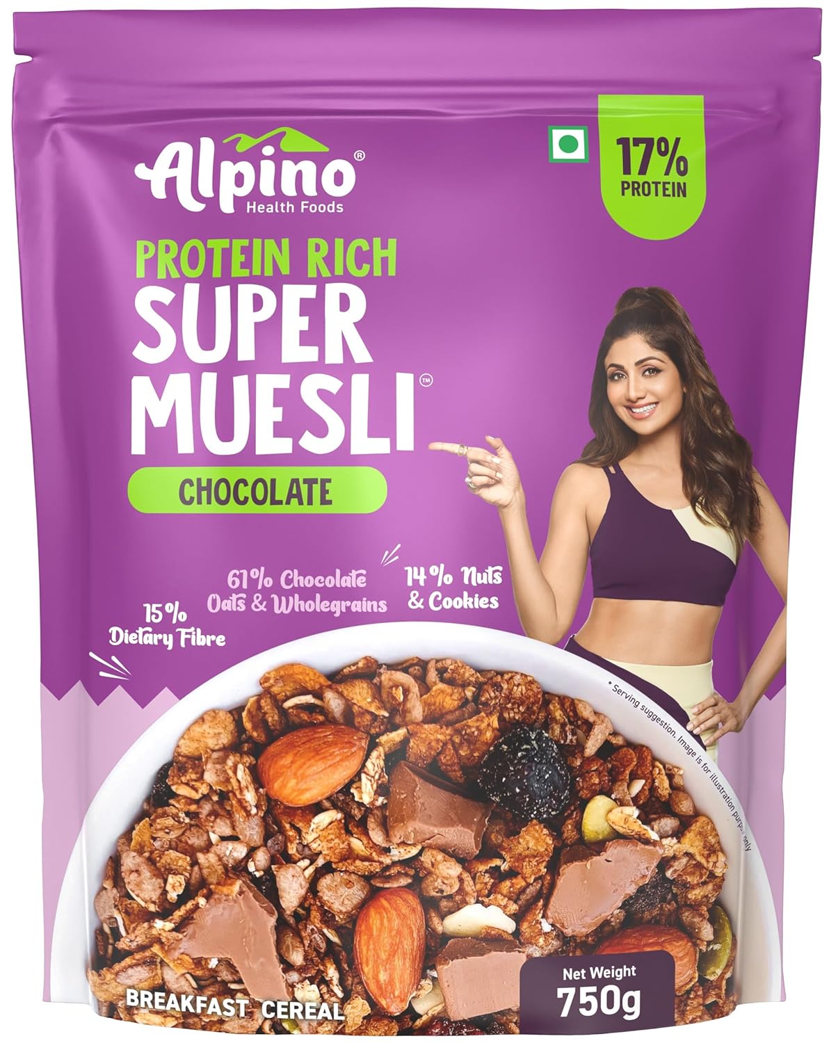ALPINO Protein-Rich Super Muesli Chocolate | 61% Whole Grains| 14% Nuts & Cookies | 17% Protein| Source of Dietary Fibre & Healthy Fats