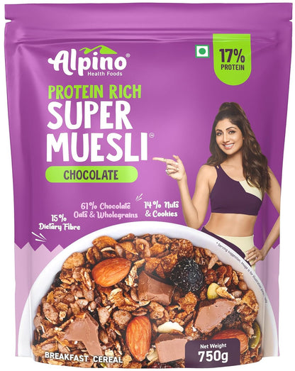 ALPINO Protein-Rich Super Muesli Chocolate | 61% Whole Grains| 14% Nuts & Cookies | 17% Protein| Source of Dietary Fibre & Healthy Fats