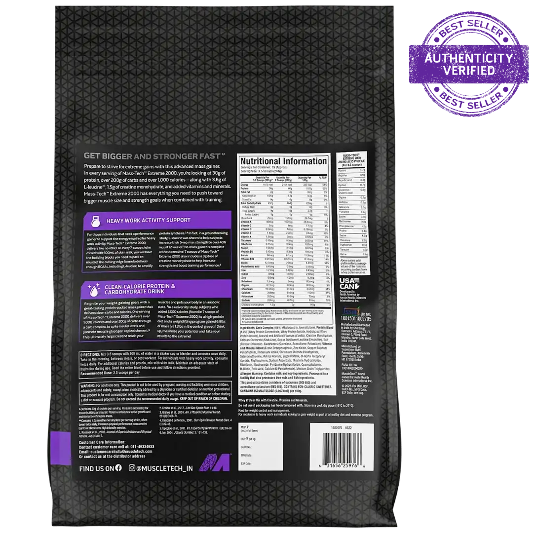 MuscleTech Veg Mass Gainer MassTech Extreme 2000 High Protein Food For Weight Gainer |30g Protein| 1073 Kcal| 1.5g Creatine & Added Vitamin, Minerals